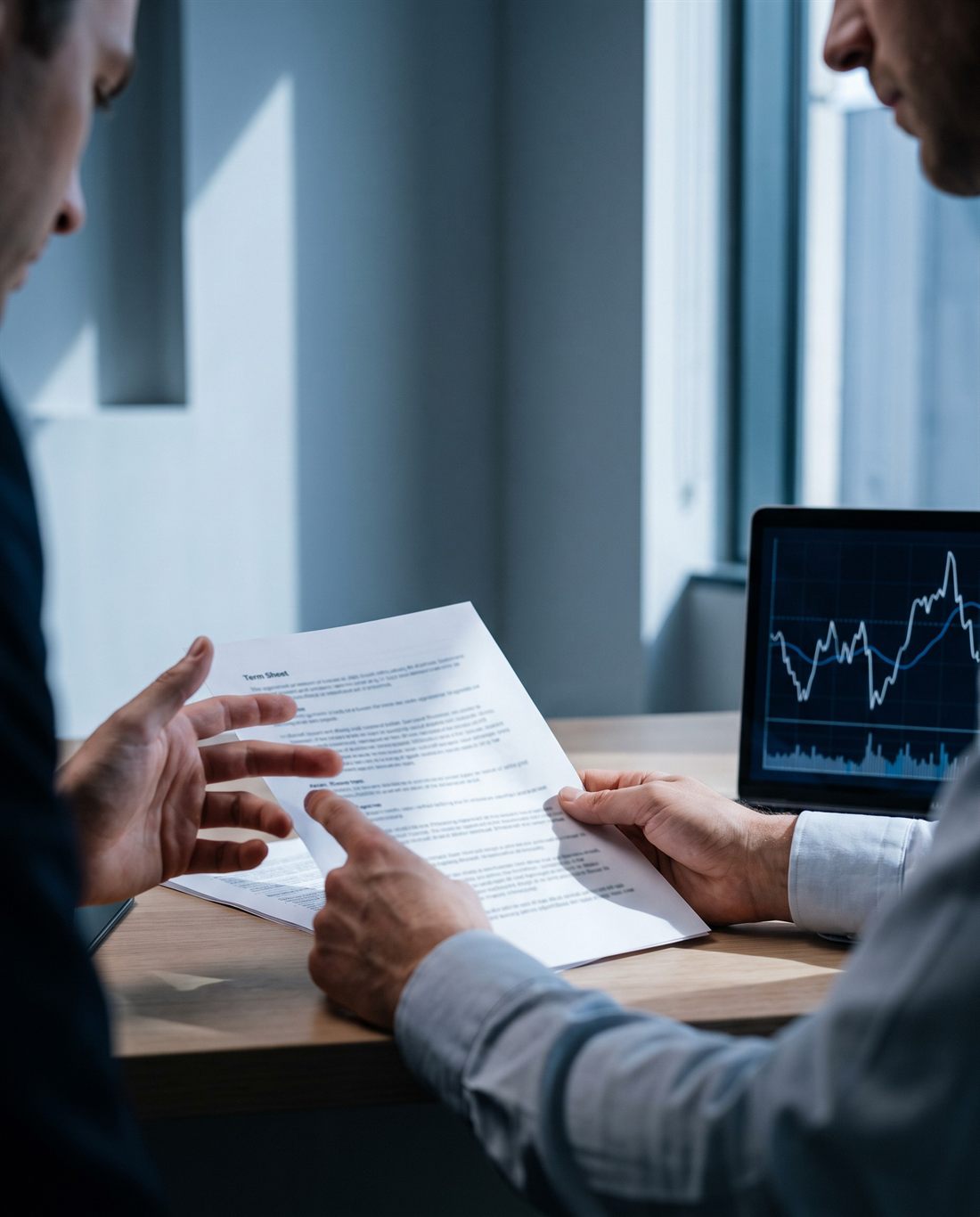 Dos profesionales revisando un term sheet sobre el escritorio